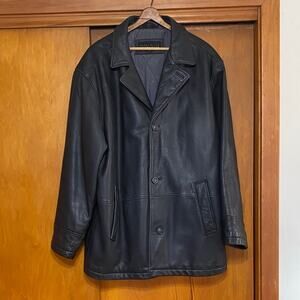 Perry Ellis Black Leather Coat L 33" Pockets 4 Buttons Light Quilted Lining